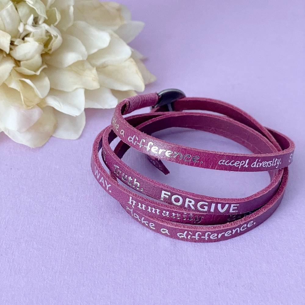Humanity For All Wrap Bracelet Dark Pink Leather with Silver Lettering